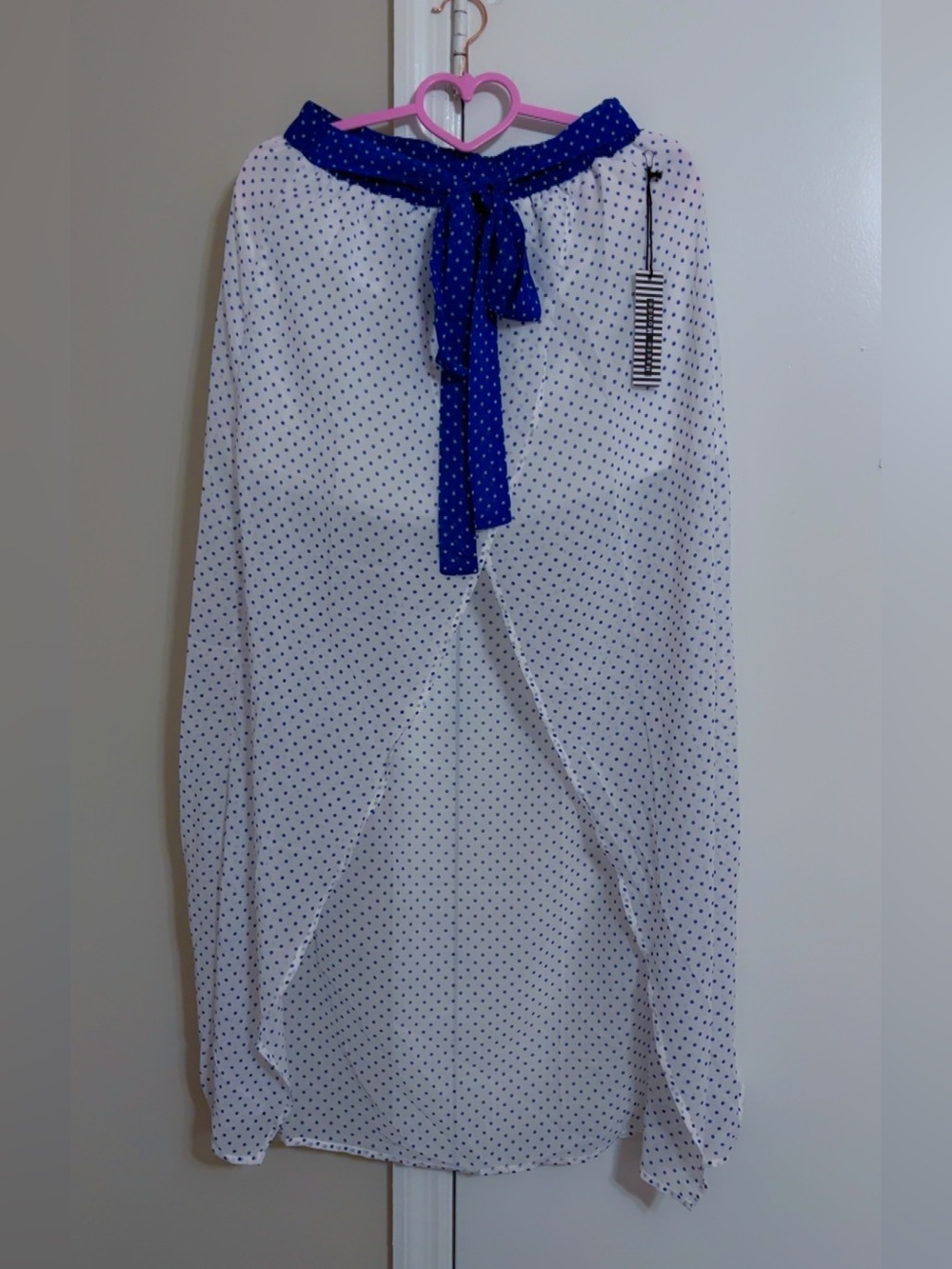 Haute Monde White Polka Dot High-Low Skirt with Blue Tie